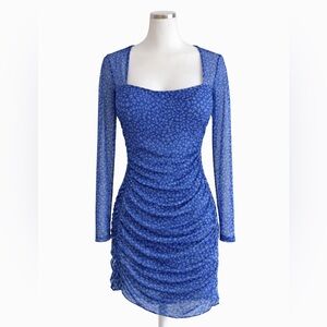 🍀🍀 Caution to the Wind Blue Floral Ruched Mesh Long Sleeve Bodycon Mini Dress